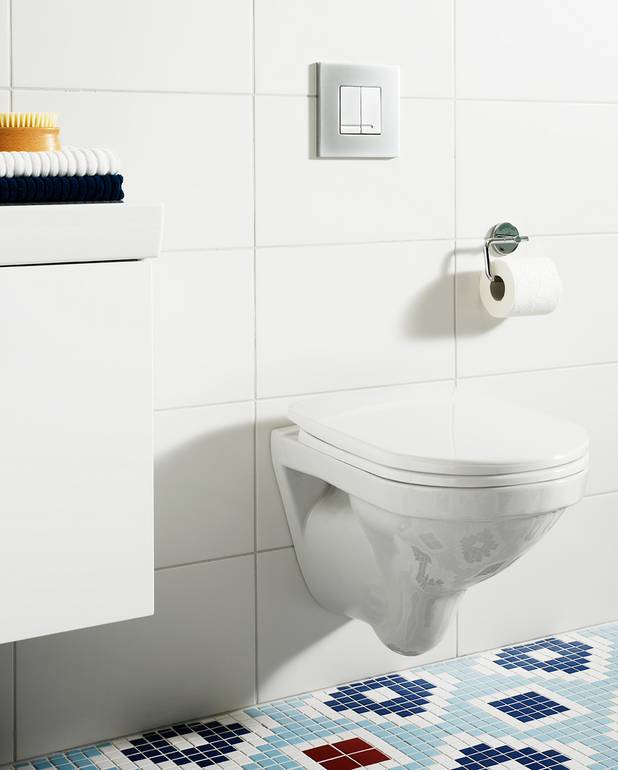 Væghængt toilet Logic 5693 - Passer til vores Triomont fiksturer
Ceramicplus: hurtig og miljøvenlig rengøring
Fleksibel boltafstand c-c 180/230 mm