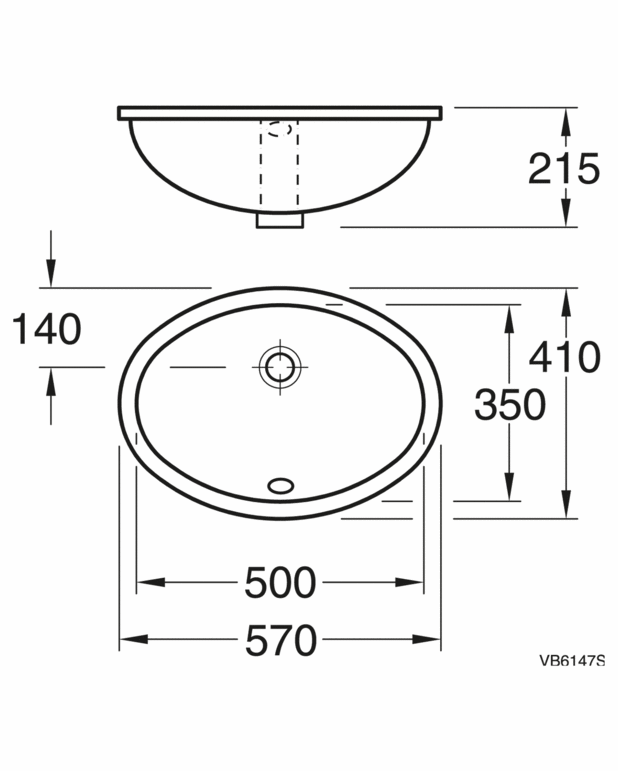 6147 98 Pabūvējamā izlietne - 57 cm - Ovāls dizains
Pamontēšanai zem vannas istabas virsmas