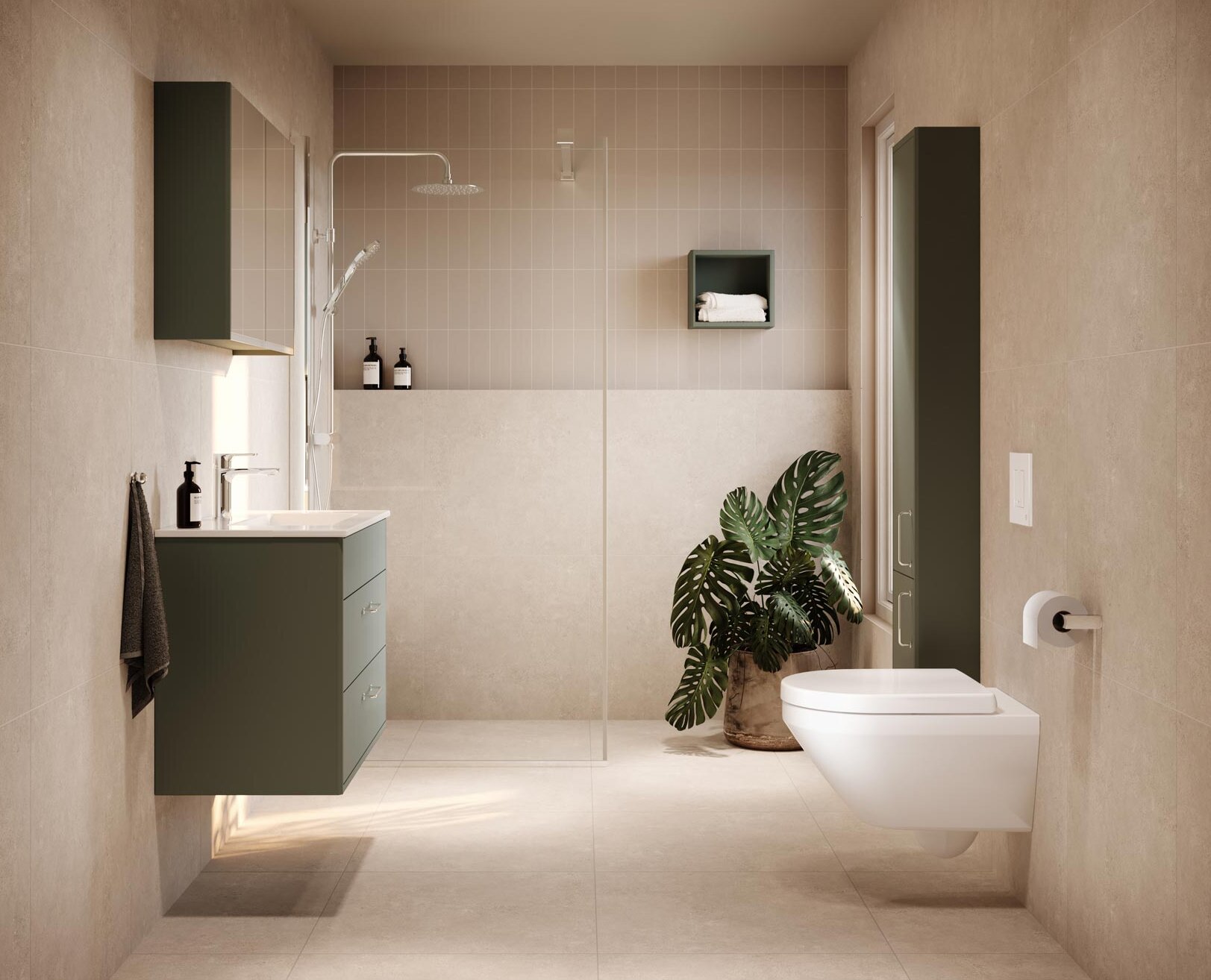 Minimalistiskt badrum med beige kakel, gröna skåp, duschkabin och en vägghängd toalett med Hygienic Twist spolning.