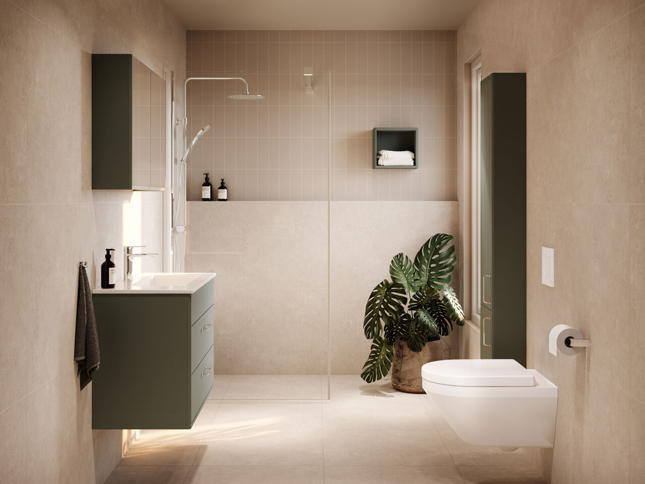 Minimālistiska vannas istaba ar bēšām flīzēm, zaļām skapīšiem, dušas kabīni un pie sienas stiprināmu tualeti ar Hygienic Twist skalošanas sistēmu.