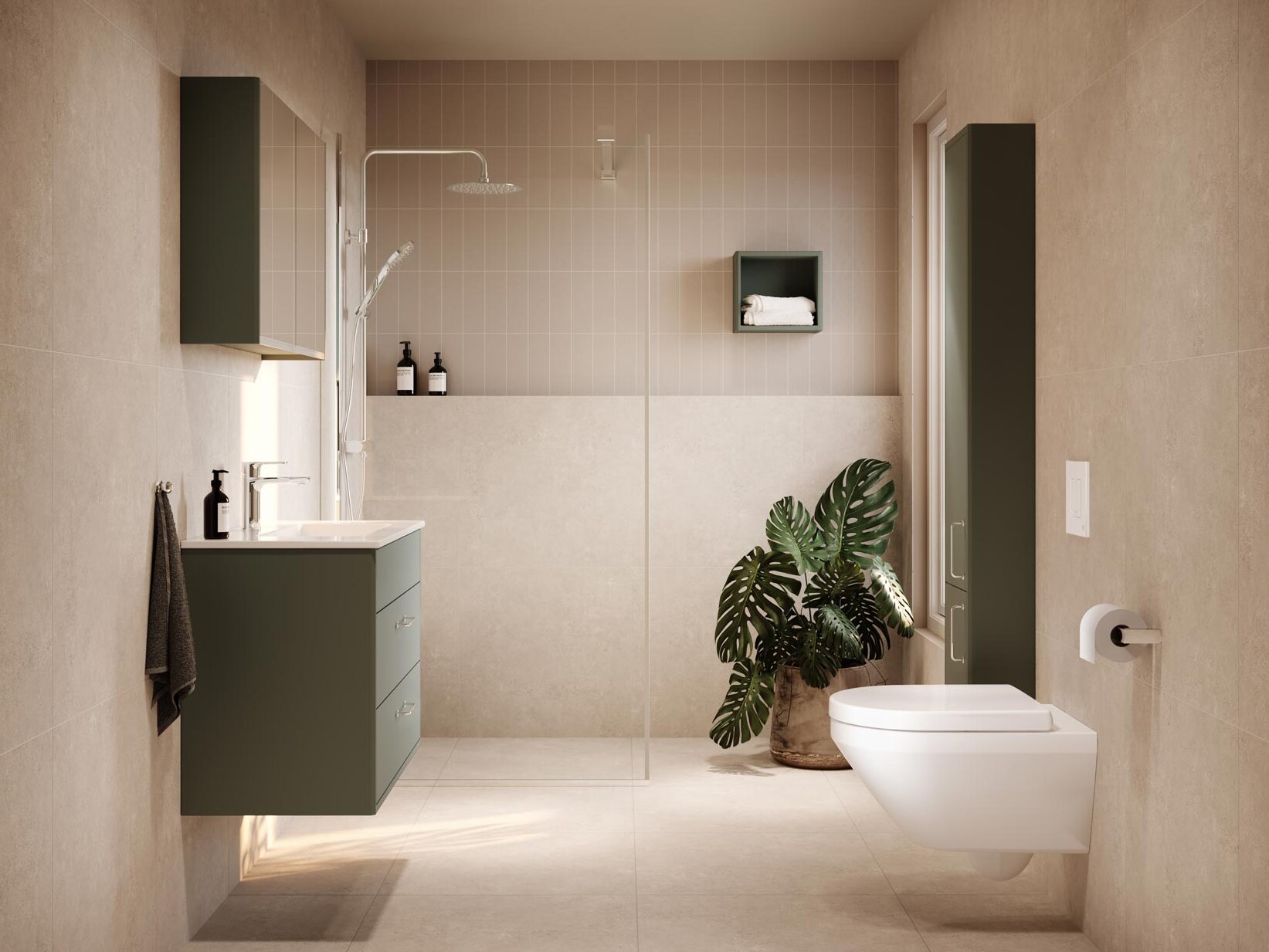 Minimalistiskt badrum med beige kakel, gröna skåp, duschkabin och en vägghängd toalett med Hygienic Twist spolning.