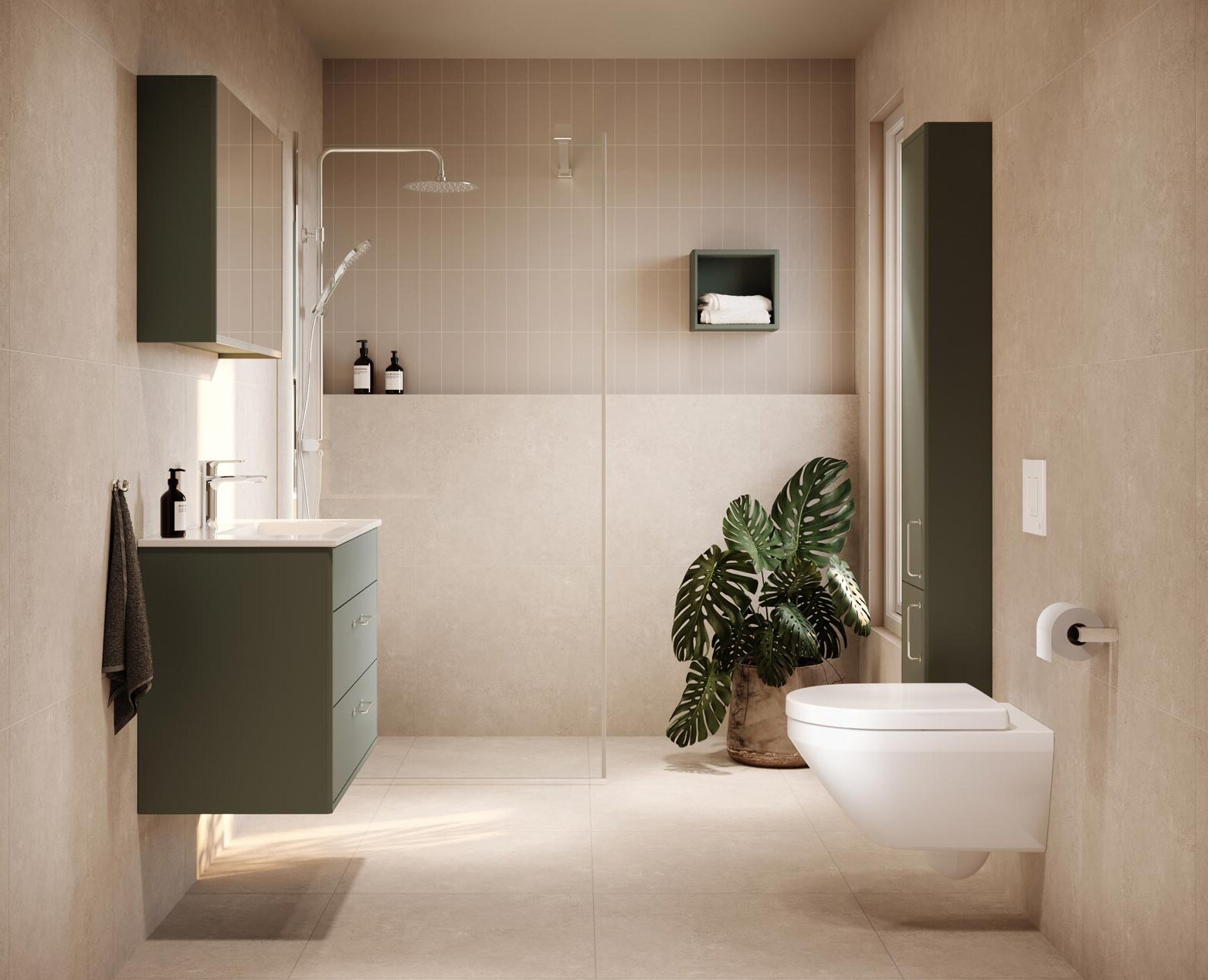 Minimalistiskt badrum med beige kakel, gröna skåp, duschkabin och en vägghängd toalett med Hygienic Twist spolning.