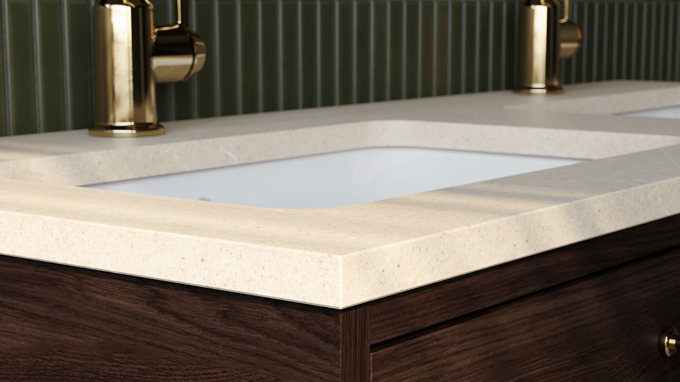Zoomed in bathroom furniture Ducentic in dark oak and light stone top.