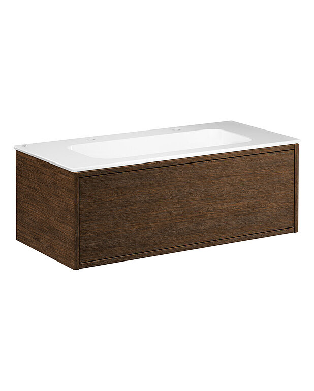 Ducentic Vanity 100cm, Brown oak - Created for the 200 year anniversary of Gustavsberg, celebrating the heritage of caftsmanship and design
Spacious drawer interior without the need for a cut-out for the water trap, creating more space for storage
Soft-closing drawer with full extension provide a complete overview of all things
