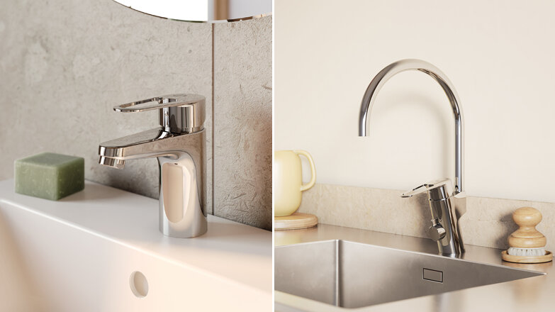 A bathroom countertop with a soap dispenser, a small towel, and a modern mixer against a light-colored wall.
