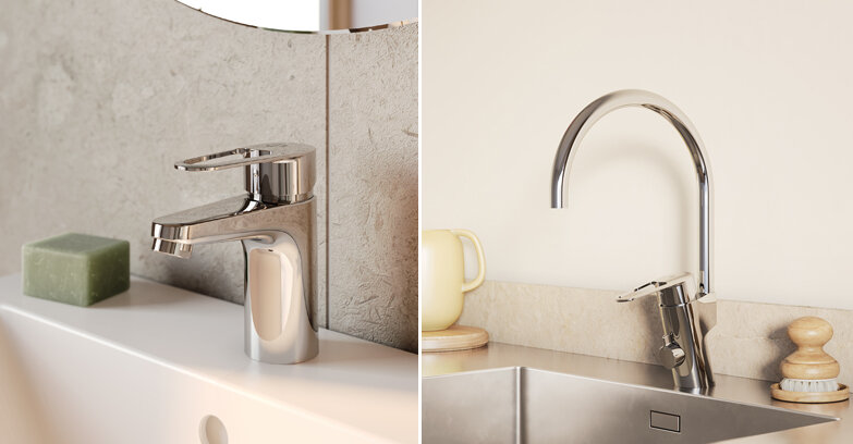 Två bilder som visar kromade blandare i olika miljöer: handfat i badrum, väggmonterade tvättställ och en hög kökskblandare.