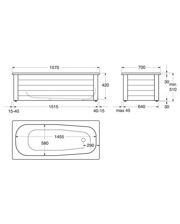 Badkar 1570 - 1570x700 - Standardbadkar anpassat för ROT
Titanlegerad stålplåt av högsta kvalitet
Kompletteras med frontstativ