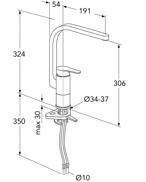 Køkkenarmatur Nordic3 - høj tud - Håndtag med taktil fornemmelse og med klar farvemarkering til varmt og koldt vand
Soft move, teknologi til let og præcis håndtering.
Tud er svingbar 110° (spærring ved 60° indgår