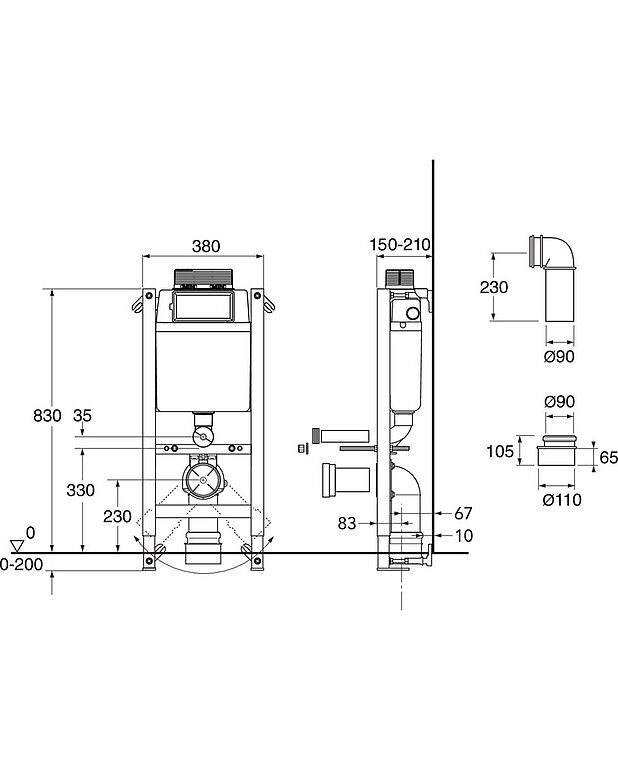 Fixture Triomont XT - for toilet with top flush button - Drawing - GBG_Triomont_XT_front.jpg