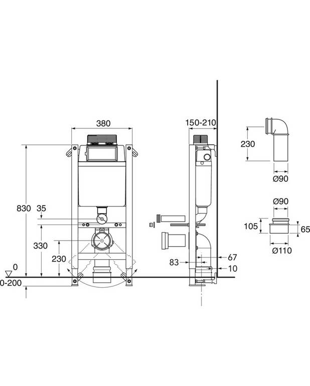 Fixture Triomont XT - for toilet with top flush button - Low model for installation under window or shelf area
Thin fixture, only 380 mm wide
Load tested for 400 kg