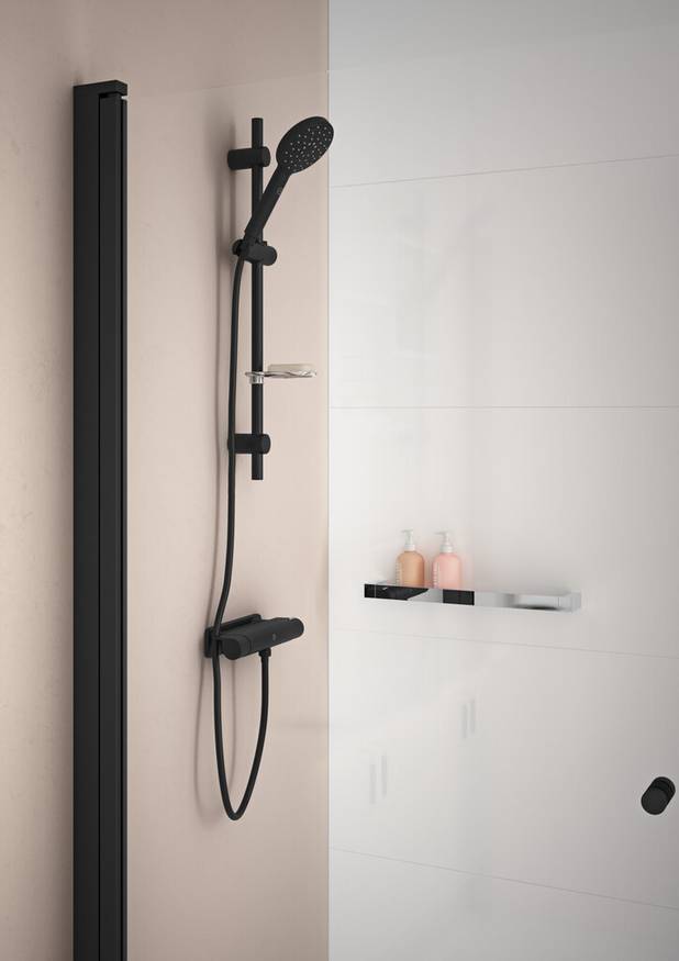 Blandebatteri dusj, Estetic - termostat - Inkludert smart hylle for mer lagringsplass
Holder jevn vanntemperatur ved trykk- og temperaturendringer
Kan fint kombineres med vårt utvalg av dusjsett