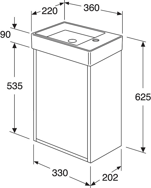 Undercabinet Artic Small - Wash basin made from hygienic, durable and densely sintered ceramic sanitary ware
Opening in cabinet for drain pipe towards the floor
Water drain and bottom valve not included. See accessories