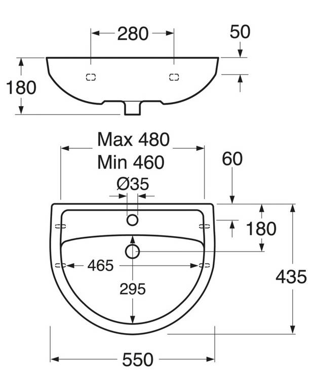 Bathroom sink Nordic³ 410055 - for bolt/bracket mounting 55 cm - Functional design with standard Scandinavian dimensions
For bolt or bracket mounting