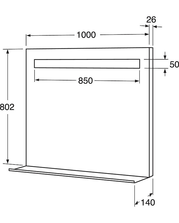 Kylpyhuoneen valaistu peili - 100cm - Integroitu valaistus
Lämmin valkoinen valo, 3000 K
Alahylly voidaan poistaa