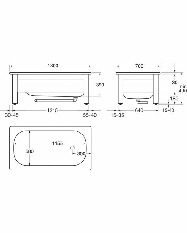 Vanni esipaneel 6413 - 1300x700 - Tarnitakse otsa- ja esipaneeliga
Jalad on reguleeritavad 25 mm ulatuses kõrguses
Ruum torustiku jaoks