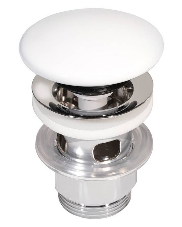 Pushdown bundventil Estetic, mathvid - Med dækkappe i porcelæn
Mål på håndvasken: min 30 mm, max 45 mm
