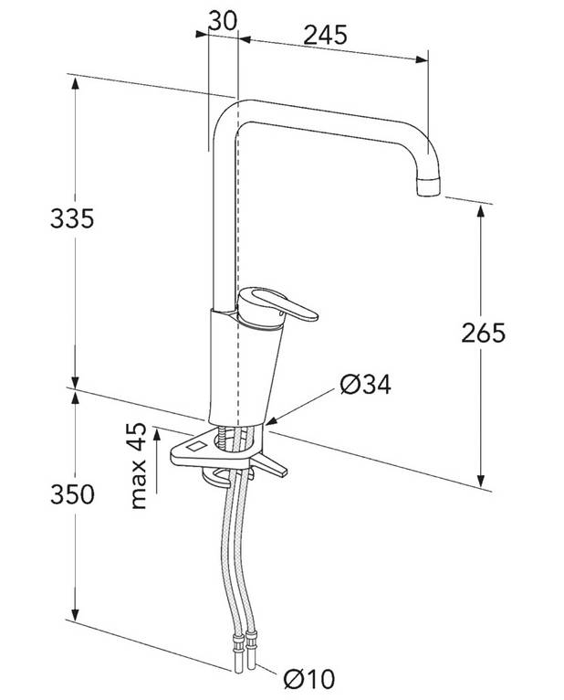 Köksblandare Nordic Plus - hög pip - Spak med tydlig färgmarkering för ​varm- och kallvatten
Svängbar utloppspip 110° (spärr för 0° och 60° ingår)
Soft move, keramiskt paket med mjuk och precis manövrering