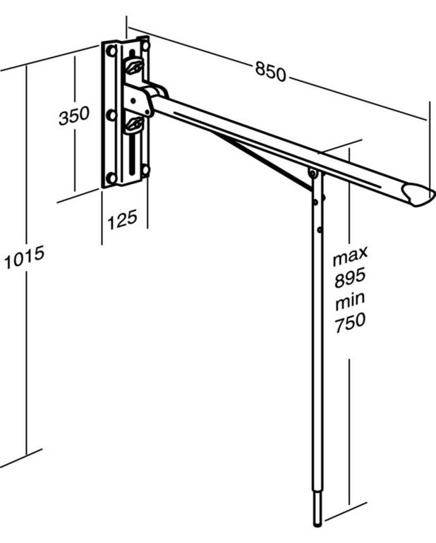 Armstøtte 1713 - justerbar i højden - Ergonomisk endeknop giver et godt greb
Hængslet kan justeres, så armstøtten sænkes langsomt
Vægmonteret, passer til alle toiletter