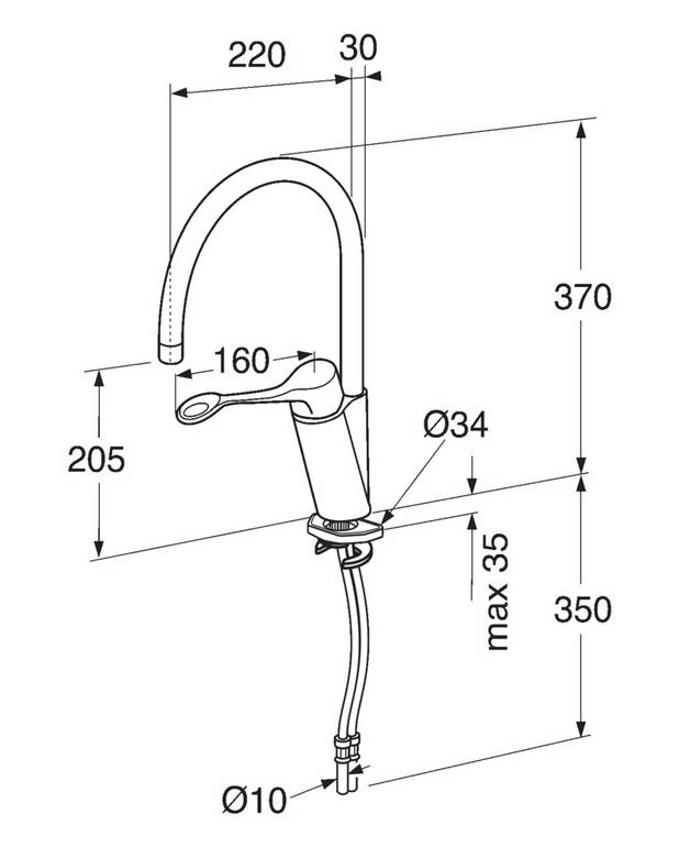 Kitchen faucet Care - high spout - Contains less than 0.1% lead
Covered and smooth type-approved flexible water connection for easier installation
Laminar aerator (no air intake)