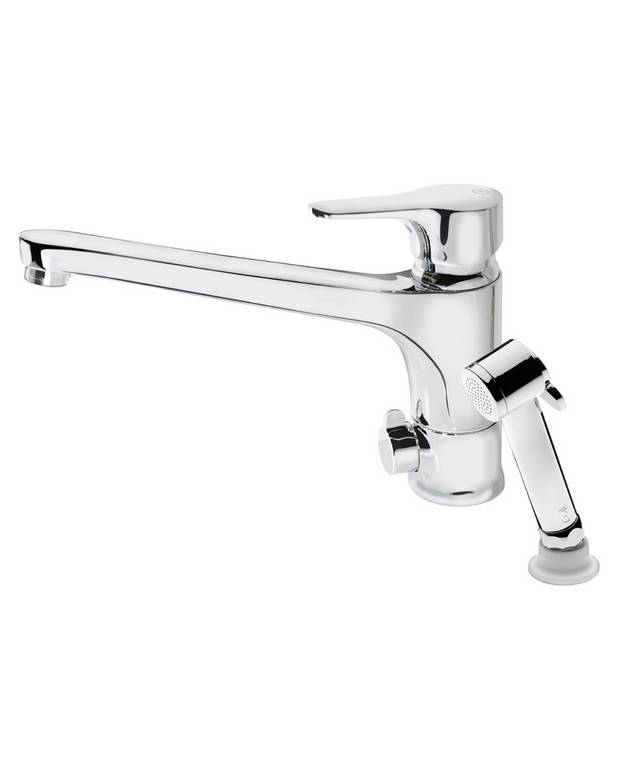 Kitchen mixer Nautic - low cast spout - Energy class B, saves energy and water 
Adjustable comfort flow and comfort temperature
Pivoting spout 110°