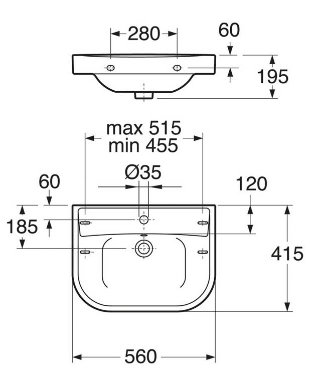 Håndvask 2560 - til bolt-/konsolmontering 56 cm - Udskiftningsvask til gamle konsoller
Ekstra stor fleksibilitet med hensyn til konsolafstand, 455-515 mm
Til montering med bolte eller konsol
