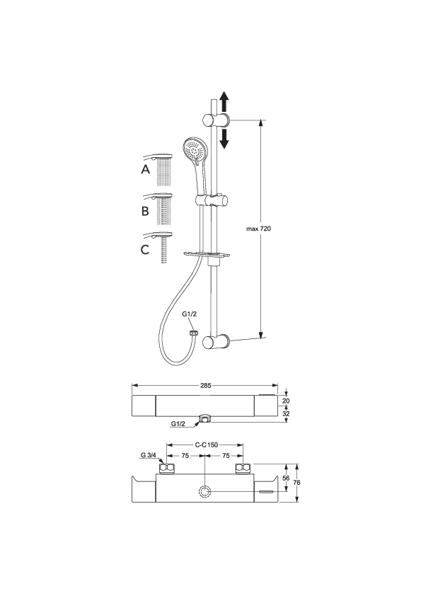 Shower faucet Atlantic - thermostat - Energy class A, saves energy and water
3-function hand shower
The shower set can be mounted with screws or glue