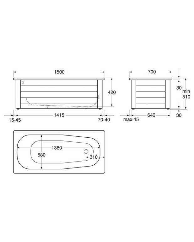 Bathtub without panels Standard - 1500x700 - Grab bar for increased safety
Premium quality titanium alloy steel
Compatible with front frame