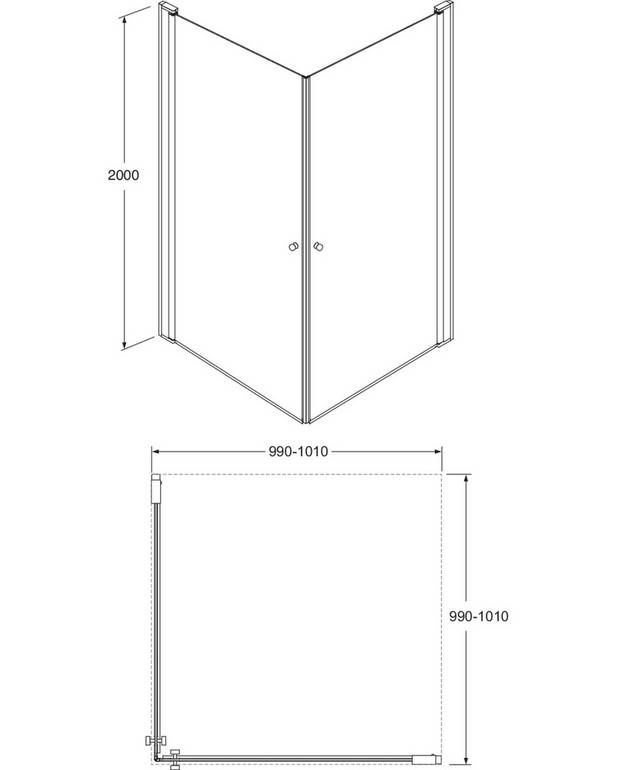 Kvadrātveida dušas durvju komplekts - Iepriekš samontēti durvju profili ātrai un vienkāršai montāžai
Durvis universālas uzstādīšanai labajā vai kreisajā pusē
Pulēti profili un durvju rokturi