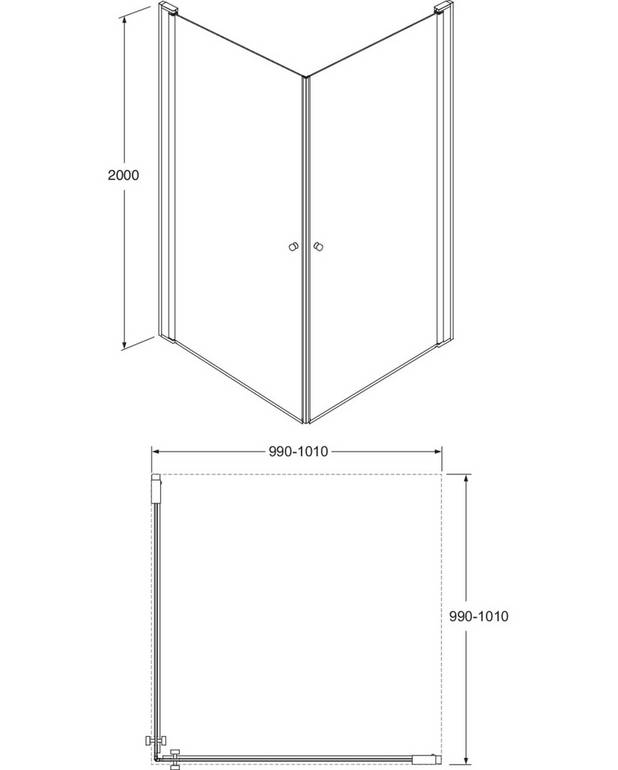 Square shower door set - Pre-fitted door profiles for quick and simple installation
Doors reversible for right/left-hand installation
Polished profiles and door handles