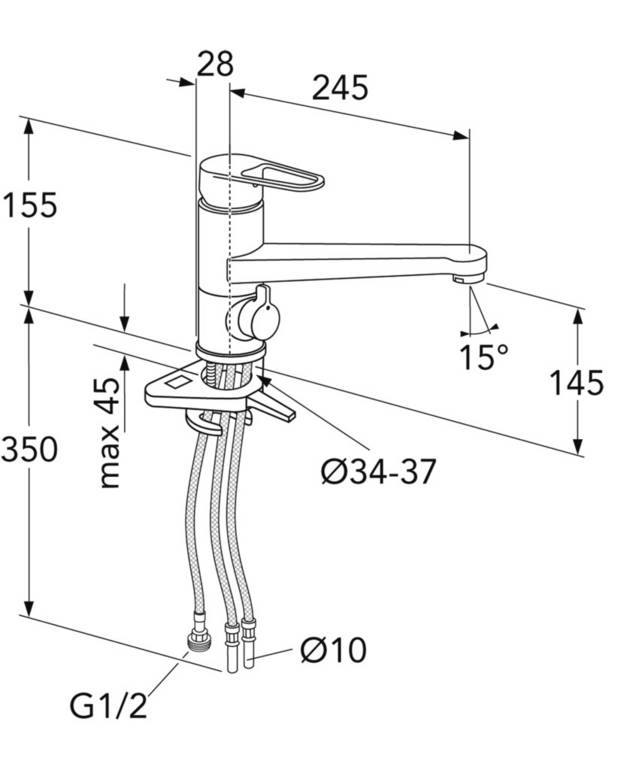 Kjøkkenkran Nye Nautic - lav tut - Spak med godt grep, med tydelig fargemerking for varmt og kaldt
Soft move, teknologi for jevn og presis håndtering
Svingbar tut 110° (0° og 80° blokk inkludert)