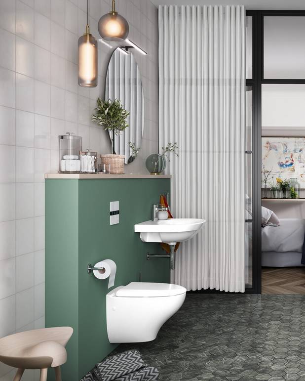 All in One – seinasisese paigaldusraamiga, Nautic 1530 WC-potiga ja loputusnupuga - Puhas paigaldus
Nautic WC-pott hügieenilise loputusega, vaikselt sulguva prill-lauaga ja varjatud kinnitusega
Kahesüsteemne loputusnupp