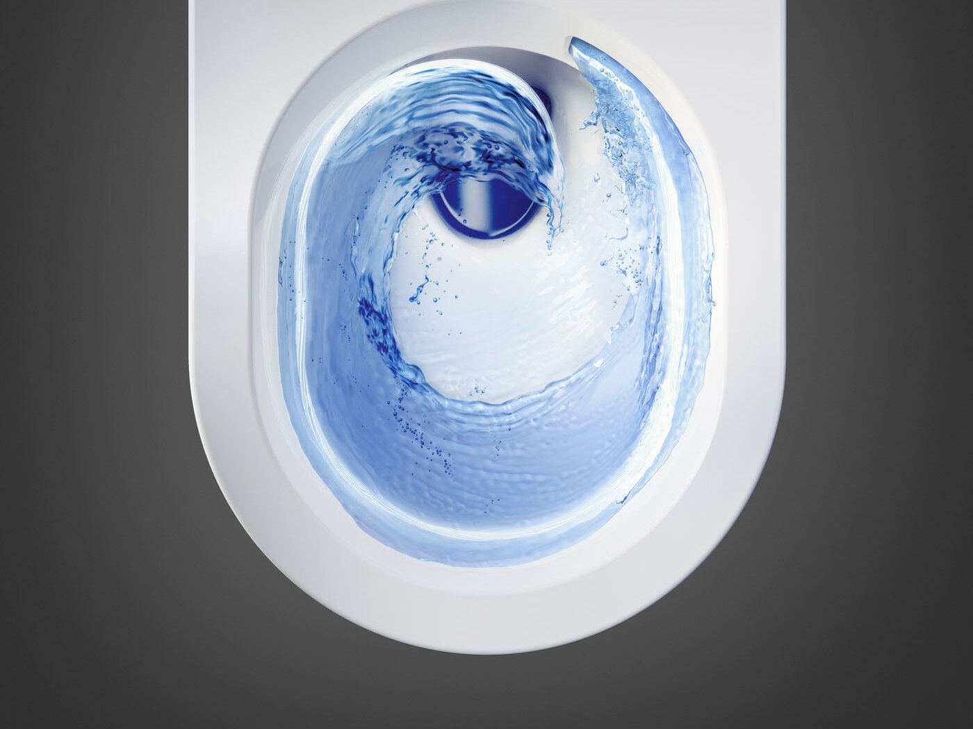 Tualeto sėdynė, matoma iš viršaus, nuleidžiant vandenį ir sukuriant sūkurius vandenyje.