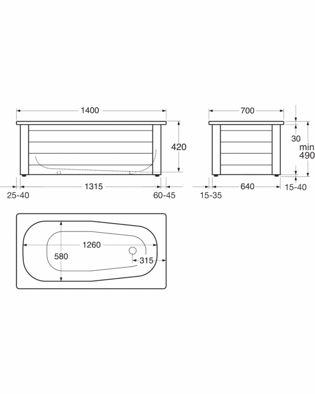 Esipaneelita vann standardne - 1400x700 - Valmistatud emailitud lehtterasest
Komplekteeritakse esi- ja otsapaneeliga raamiga.