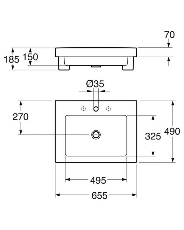 Bathroom sink Artic 4651 - for built-in installation 65.5 cm - Design with straight lines and right angles
For integration into countertop or furniture
Ceramicplus: fast & environmentally friendly cleaning