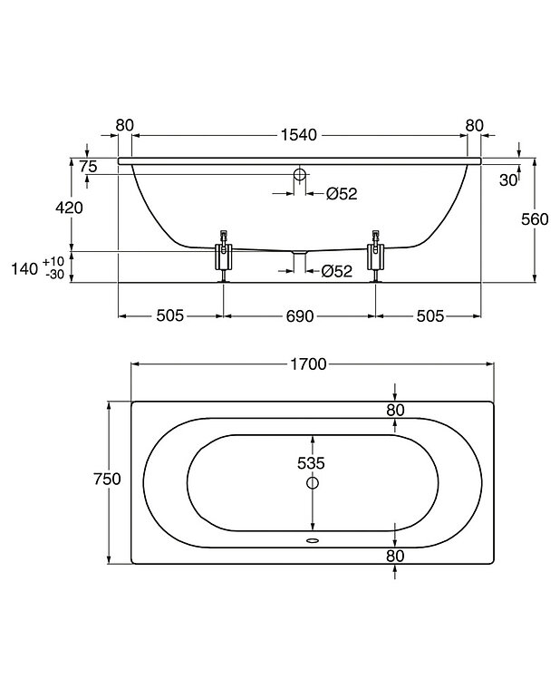 Upotettava amme 1380 - 1700x750 mm - Mittapiirros - 1380.jpg