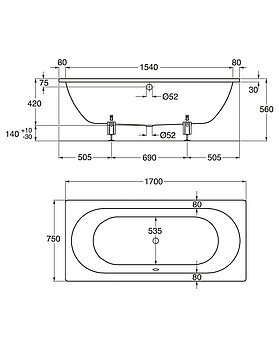 Inbyggnadsbadkar Duo 1380  - 1700x750 - Måttskiss - 1380.jpg