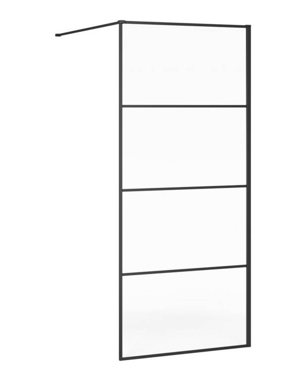 SQUARE Shower wall - Black matte anodized aluminium with all visible details in black
Frames on the outside of the glass to avoid dirt build up
Available in sizes up to 140 cm