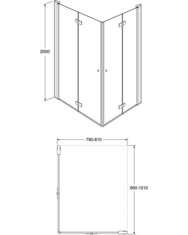 Square Vikbara Duschdörrar, par - Vikbar dörr som tar mindre plats
Kan med fördel användas även där det är trångt, då vikbarheten löser problemen
Hörnkonfiguration mått enligt 