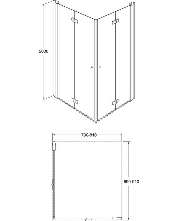 Square Vikbara Duschdörrar, par - Vikbar dörr som tar mindre plats
Kan med fördel användas även där det är trångt, då vikbarheten löser problemen
Hörnkonfiguration mått enligt 