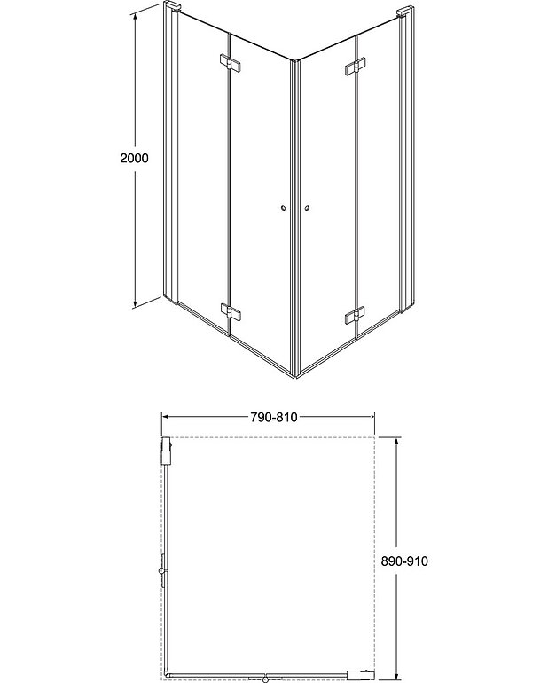 Square taittuva suihkuovisetti kulmaan - Mittapiirros - Square_folding_door_90x80_web.jpg