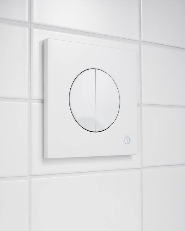 Toalettknapp for fikstur XS – veggknapp, rund - Produsert i hvit plast
For frontmontering på Triomont XS
Finnes i ulike farger og materialer