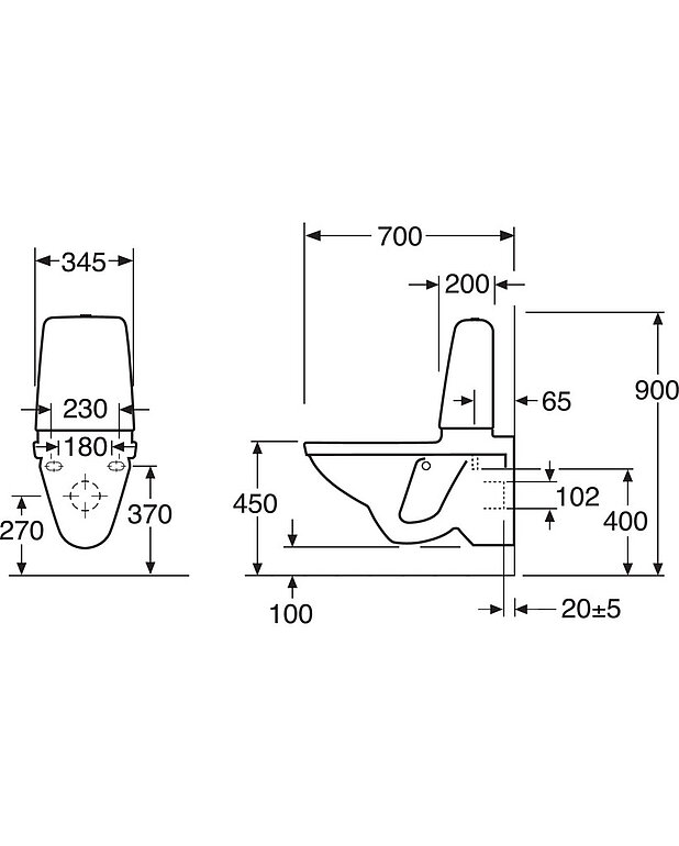 Wall-hung toilet Public 6622 - with cistern, Hygienic Flush - Durable stainless steel push button suitable for public environments
Open flush edge for simplified cleaning
Ceramicplus for quick and eco-friendly cleaning