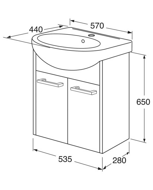 Håndvaskeskab Nautic - 57 cm - Komplet møbelpakke med skab og håndvask
Låger med Soft Close for en lydløs og blød lukning
Åbning i skabet til afløb mod gulv