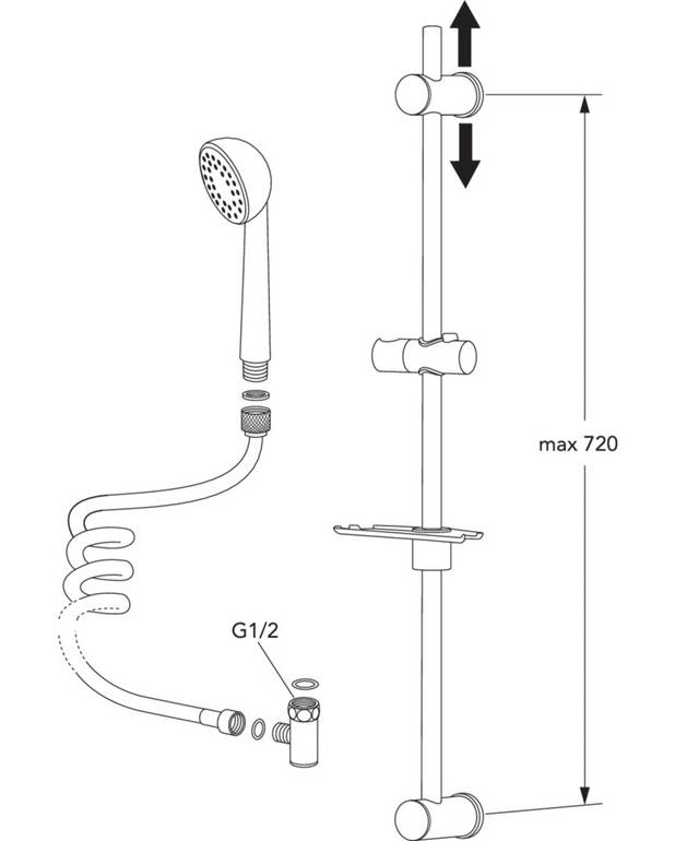 Duschset - spiralslang - Drainage valve empties the water to minimise risk of legionella
Wall holder with adjustable c-c measurement
Attached with screws or glue