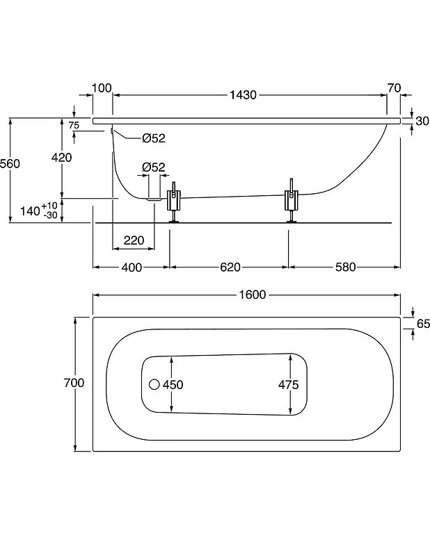 Bathtub 2942 built-in - 1600x700 - Made from premium quality titanium alloy steel
Spaciuos head end for comfortable bathing and footend made for showering
Foot set and overflow system ordered separately