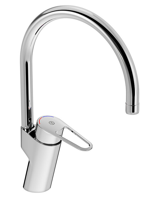 Kitchen mixer New Nautic - high Spout - Contains less than 0.1% lead 
ECO Flow adapted flow
Cold-start, only cold water when the lever is in straight forward position
