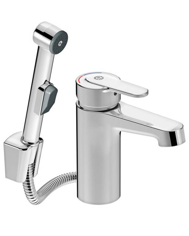 Tvättställsblandare Nordic Plus - Dold strålsamlare med nyckelgrepp för enklare rengöring
Sidodusch underlättar rengöring och intimhygien
Taktil känsla i spaken