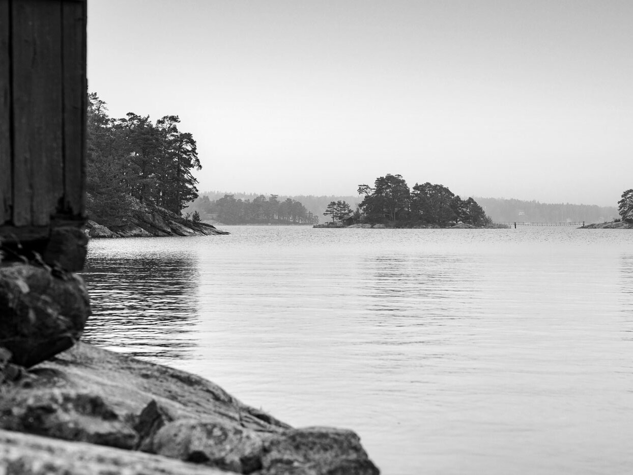 Black and white photo of calm water with trees in the distance and rocks in the foreground.