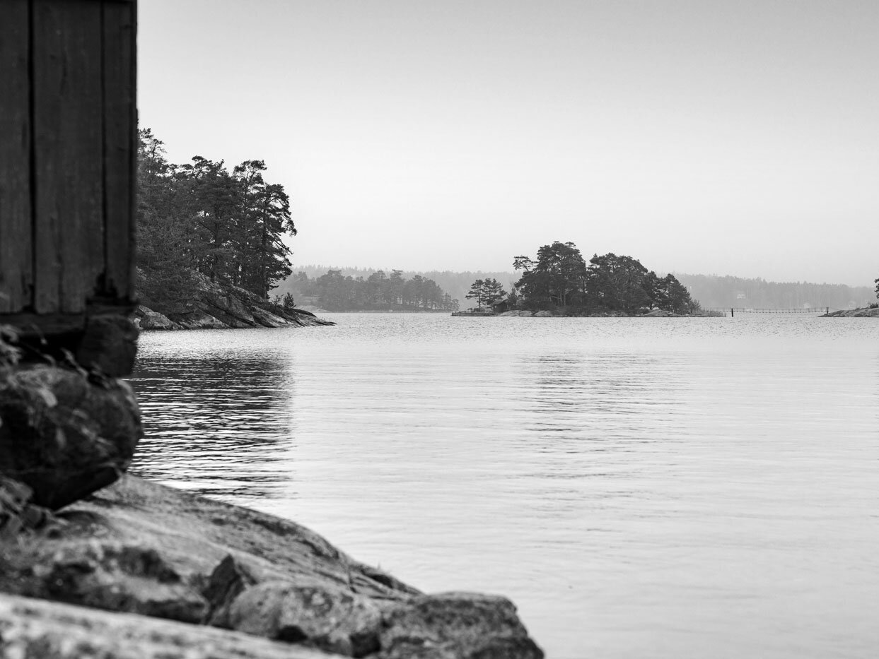 Black and white photo of calm water with trees in the distance and rocks in the foreground.