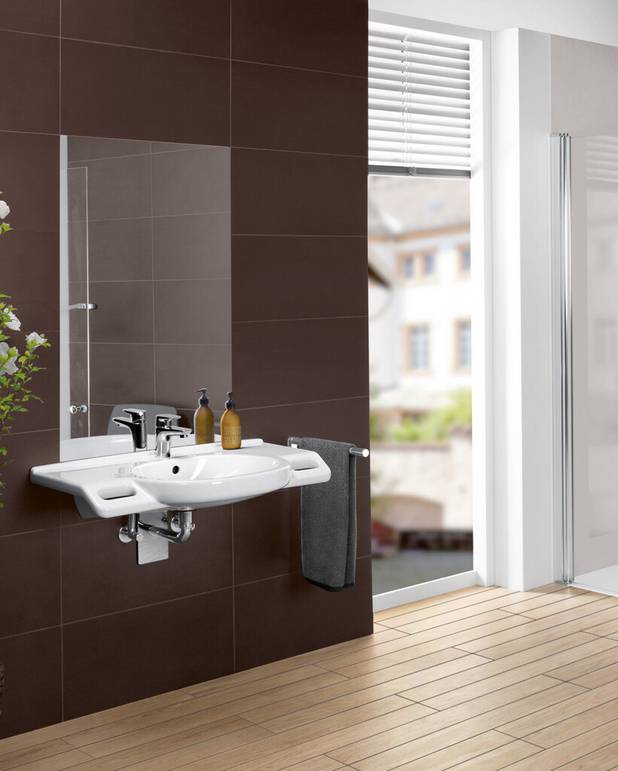 Håndvask 4G2080 - hjælpemiddel, boltmontering 80 cm - Tilpasset kørestolsbrugere med fladt bassin
Glat underside med gribekanter og god benplads
God afsætningsplads til toiletsager